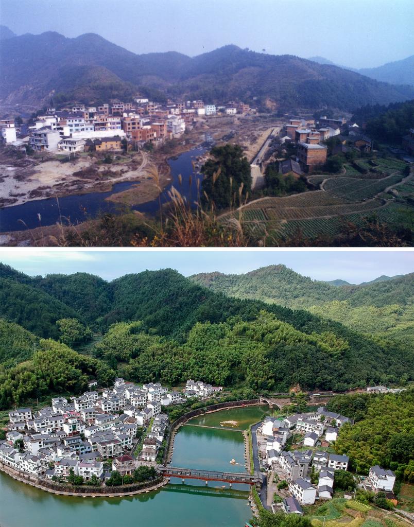 圖為浙江省杭州市淳安縣楓樹(shù)嶺鎮下姜村拼版圖，其中上圖為資料照片、下圖由新華社記者張鋮攝。